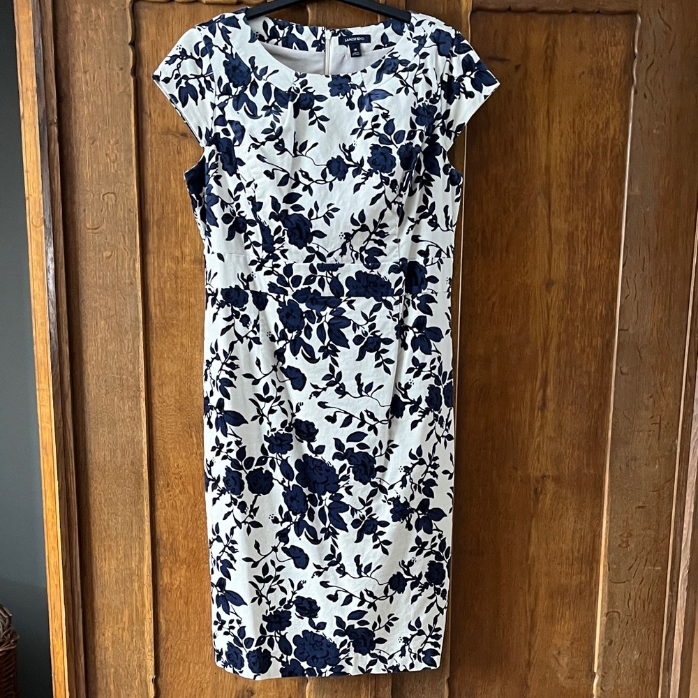 Lands' End Navy and White Floral Midi Dress